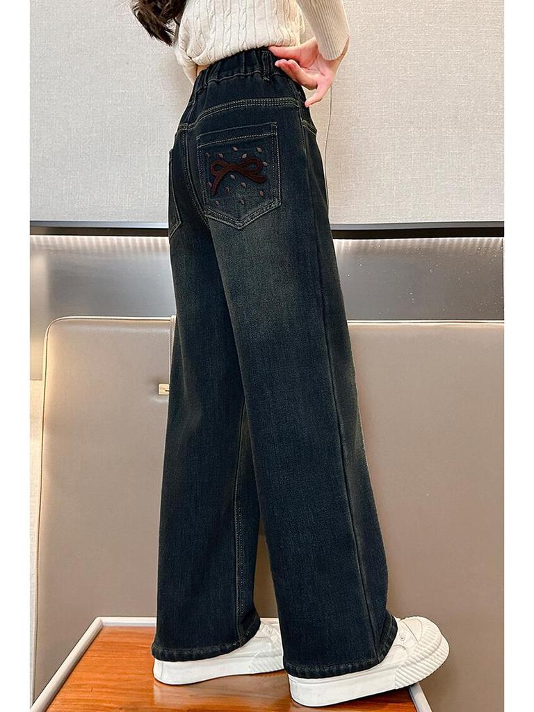 Girls' Plush Velvet Wide-Leg Jeans - Autumn/Winter 2025 Collection