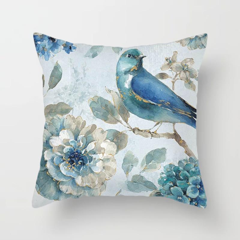 Blue flower and bird printed polyester square cushion cover for home living room sofa office decoration waist cushion pillowcase