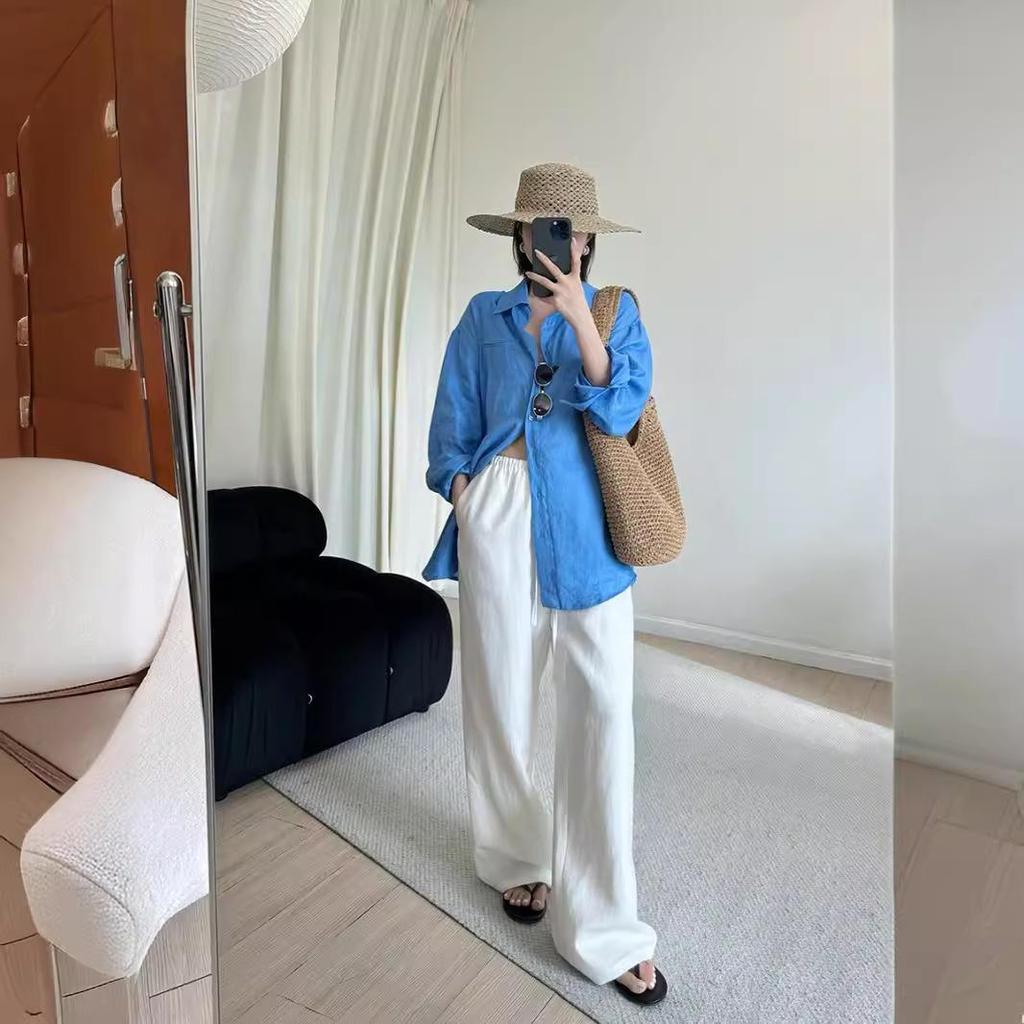 Slack Linen Wide-leg Pants Summer Loose Versatile Drawstring Straight White Casual Trousers Korean Fashion