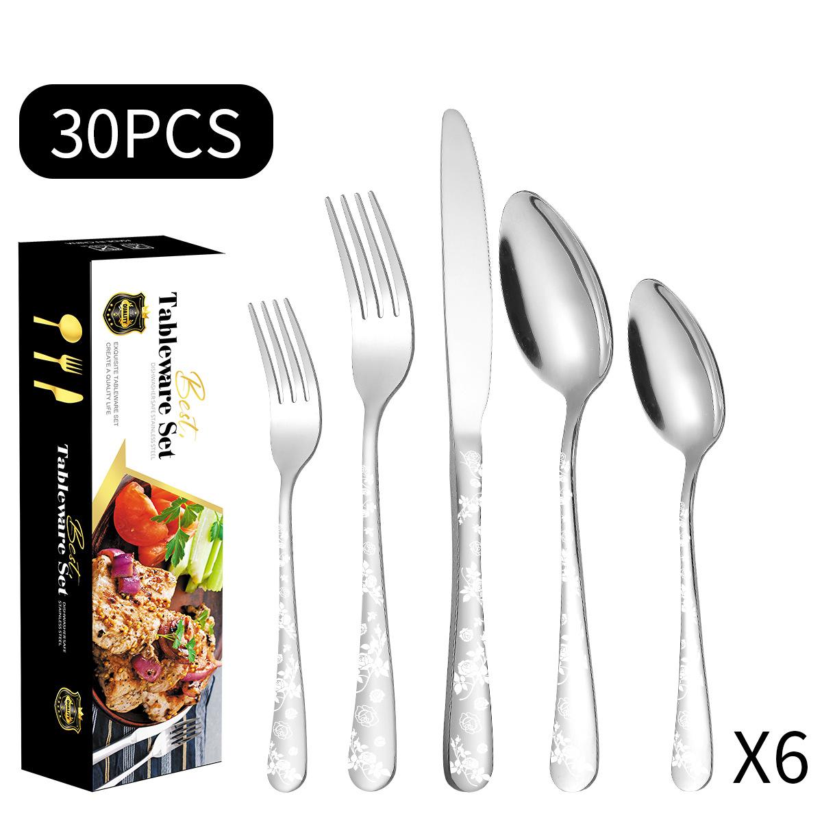 

Нож, вилка и ложка из нержавеющей стали. Посуда. Костюм из 30 предметов. Посуда в западном стиле. Костюм на 6 человек.