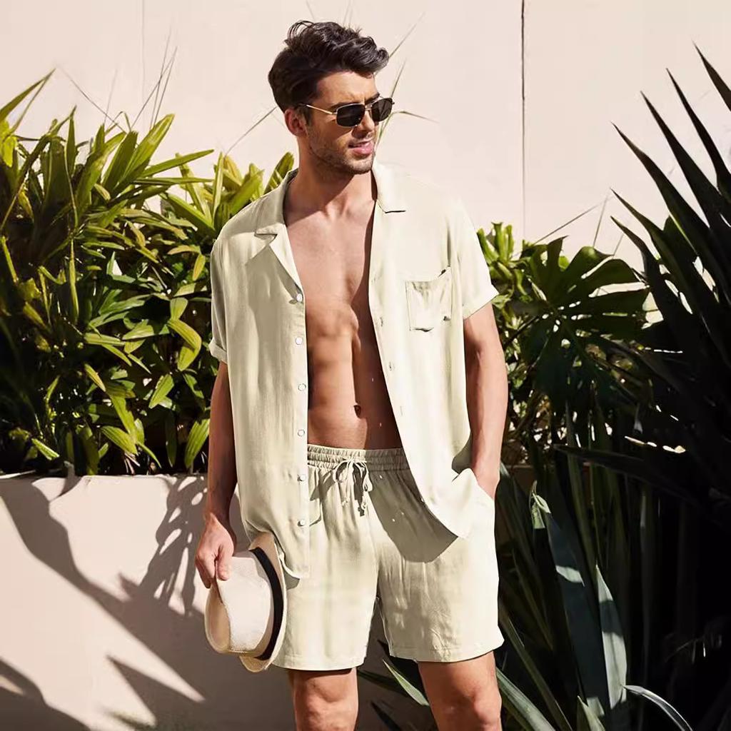 Summer Men's Cotton Linen Shirt Set Men's Casual Outdoor 2-Piece Suit and Home Clothes Pajamas Comfy Breathable Beach Short Sleeve Sets