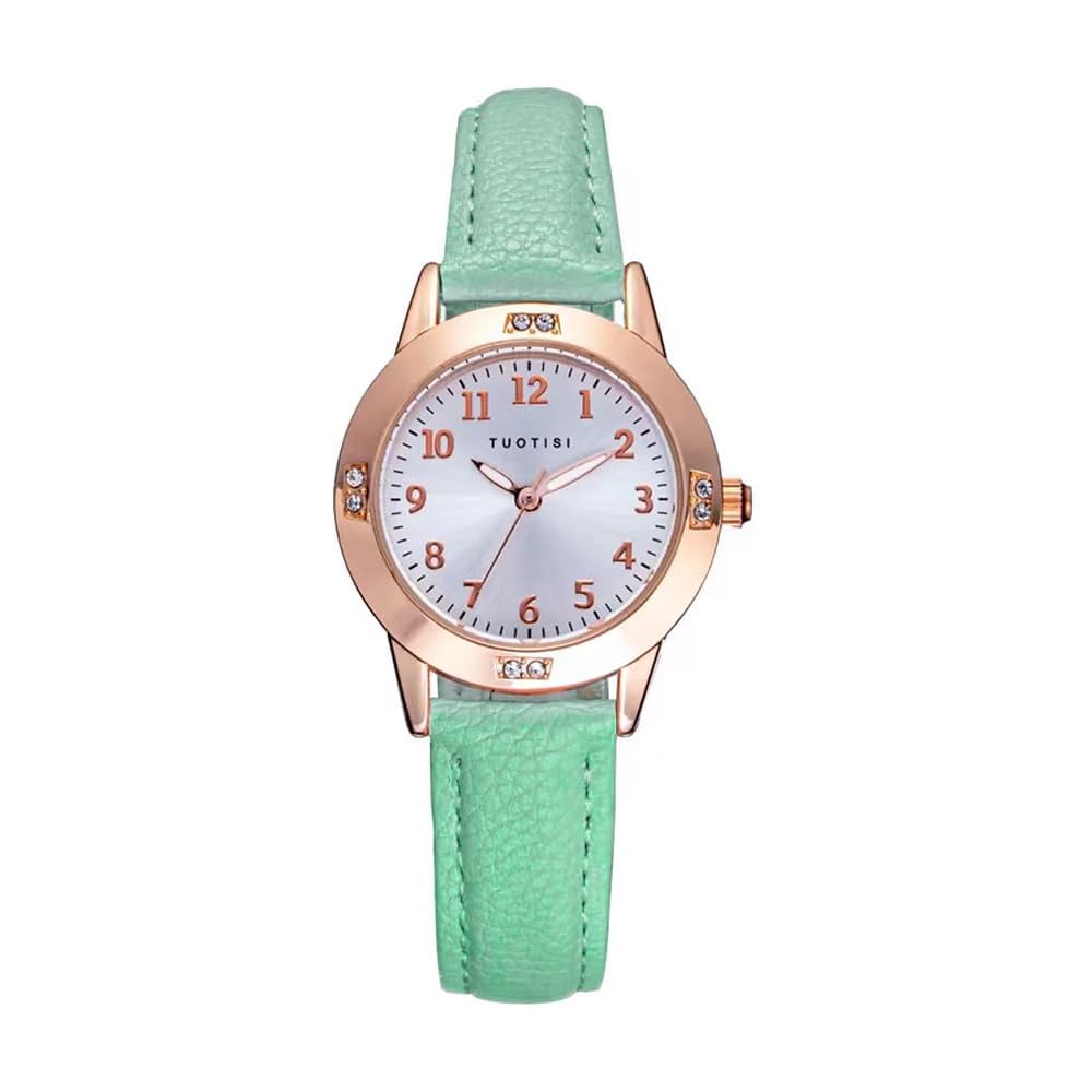 

Girls Quartz Casual Watch Round Face 28mm PU Leather Strap Japanese Movement Arabic Numerals Water Resistant Green Belt Gold Case
