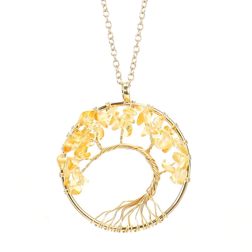 Gold Wire-Wrapped Tree of Life Necklace with Natural Crystal Crushed Stone