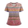 Women's Loose Short Sleeved Fashionable Square Printing V-neck Buttonable Side Slit Top T-shirt