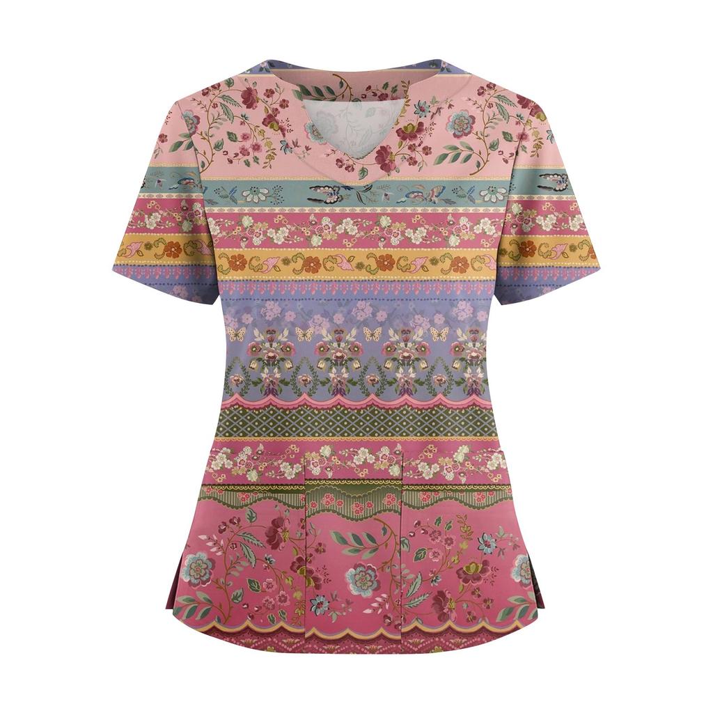 Women's Loose Short Sleeved Fashionable Square Printing V-neck Buttonable Side Slit Top T-shirt