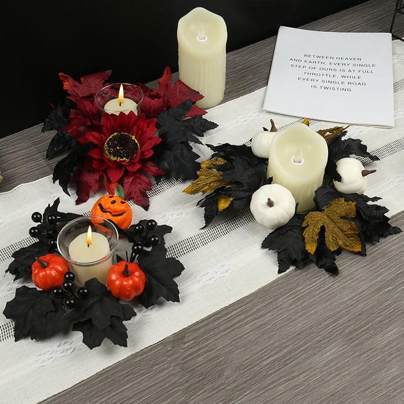 Halloween Table Centerpiece Decor - Artificial Maple Leaf Wreath With Pumpkin Berries Candlestick Design Festive Dining