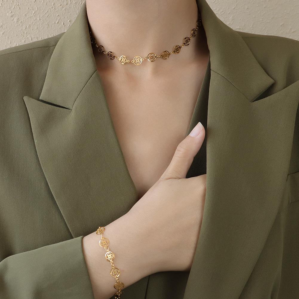 

Chinese Style Hollow Pattern Round Collar Collarbone Neck Chain, Titanium Steel Bracelet Jewelry Set P408-E089