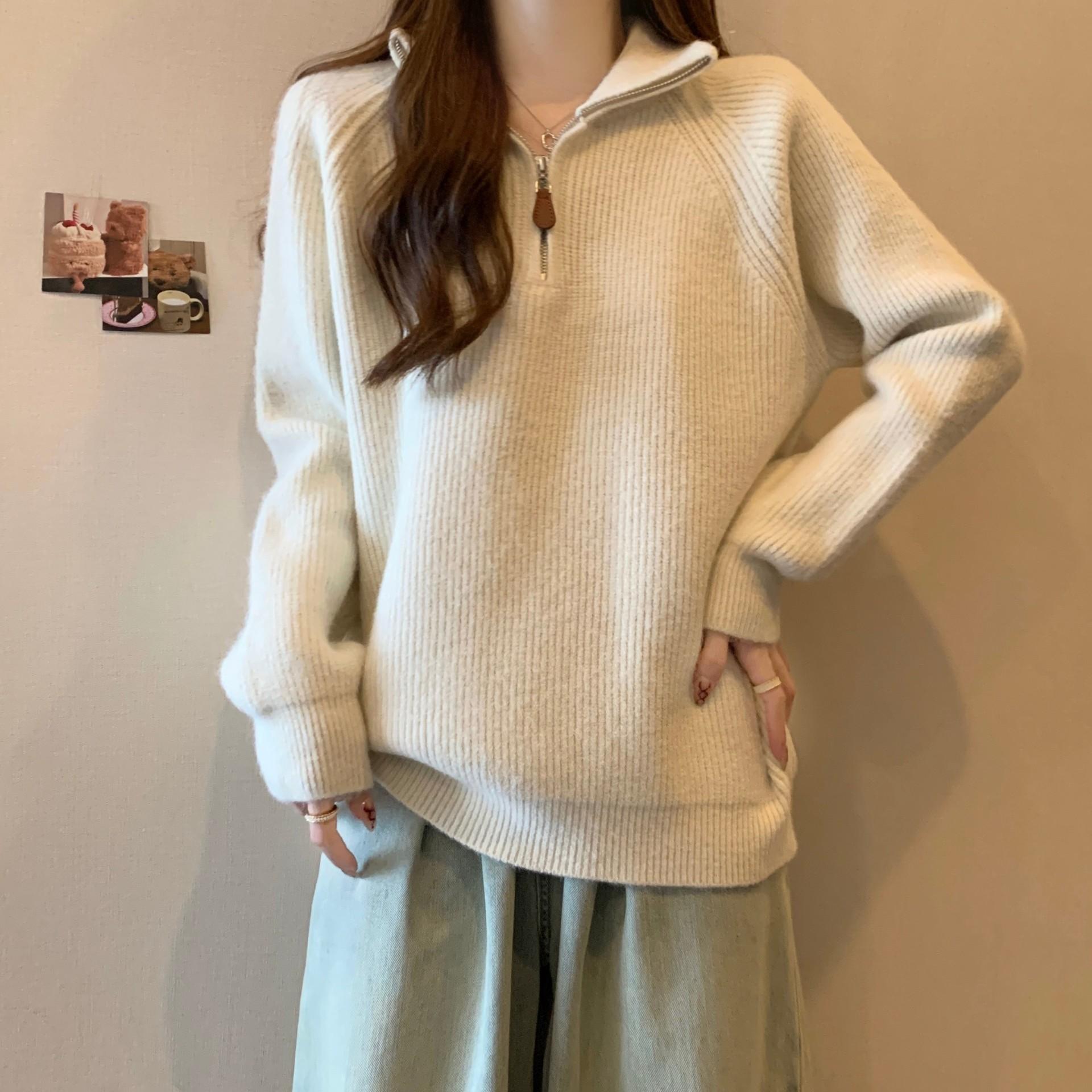 

Мягкий восковой пуловер с полумолнией и высоким воротом для женского осенне-зимнего сезона, новый вязаный свитер с длинными рукавами для полных женщин. One size