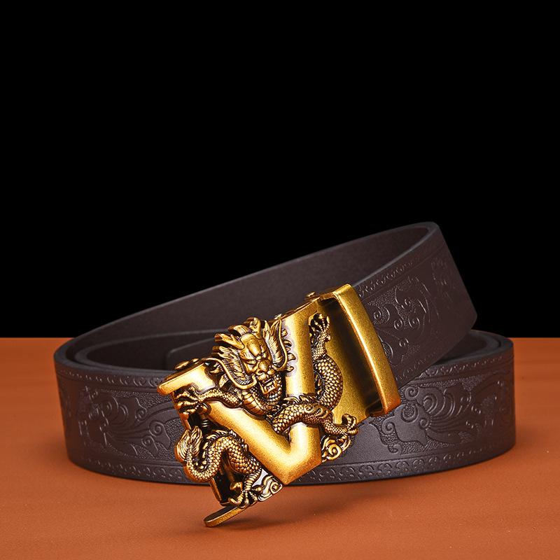 Men's Business Casual Cowhide Leather Belt with Vintage Copper Dragon Automatic Buckle