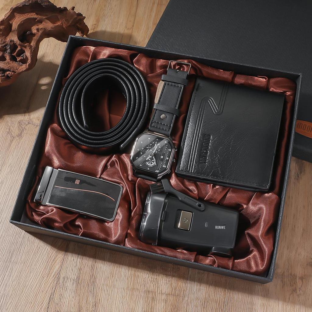 Men's Black Gift Set: Quartz Watch with Leather Strap, Wallet, Razor, and Two Extra Straps.
