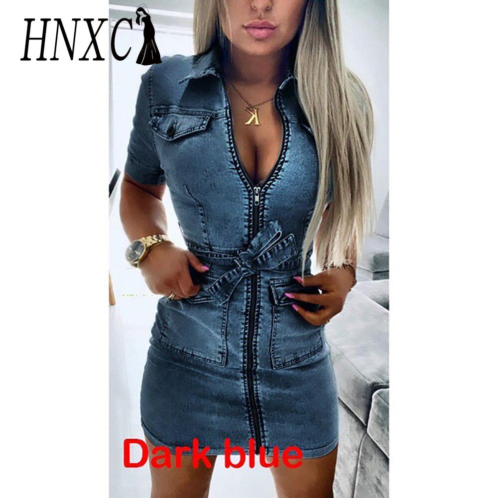 

HNXC Женское модное джинсовое платье с коротким рукавом на молнии Лето Весна XL темно-синий