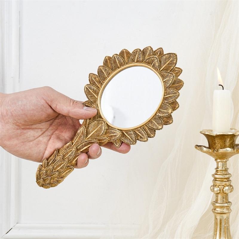 Golden Leaf Embossing Frame Wall Mirror Decorative Oval Handheld Mirror with Handle, Resin Accent Piece for Bedroom Vanity Hallway and Study Decors