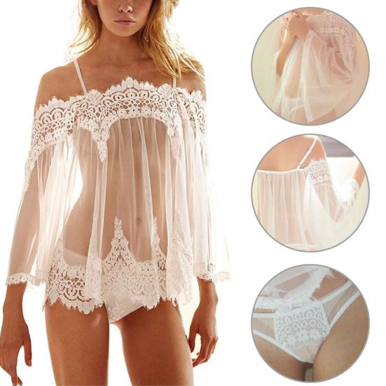 Damen Sexy durchsichtiges, schulterfreies Unterwäsche-Kleid, Nachtwäsche, Spitzen-G-String-Set
