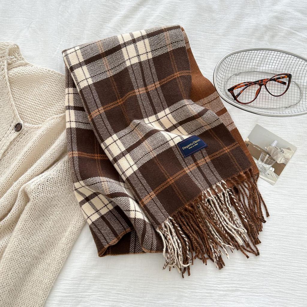 New Classic Korean Style Double Sided Plaid Tassel Scarf for Women Winter College Style Couple Versatile Warm Scarf