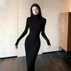 Women's Black High-Neck Knit Dress - Elegant Old Money Style Slim-Fit Hip-Hugging Long Dress for Autumn/Winter.