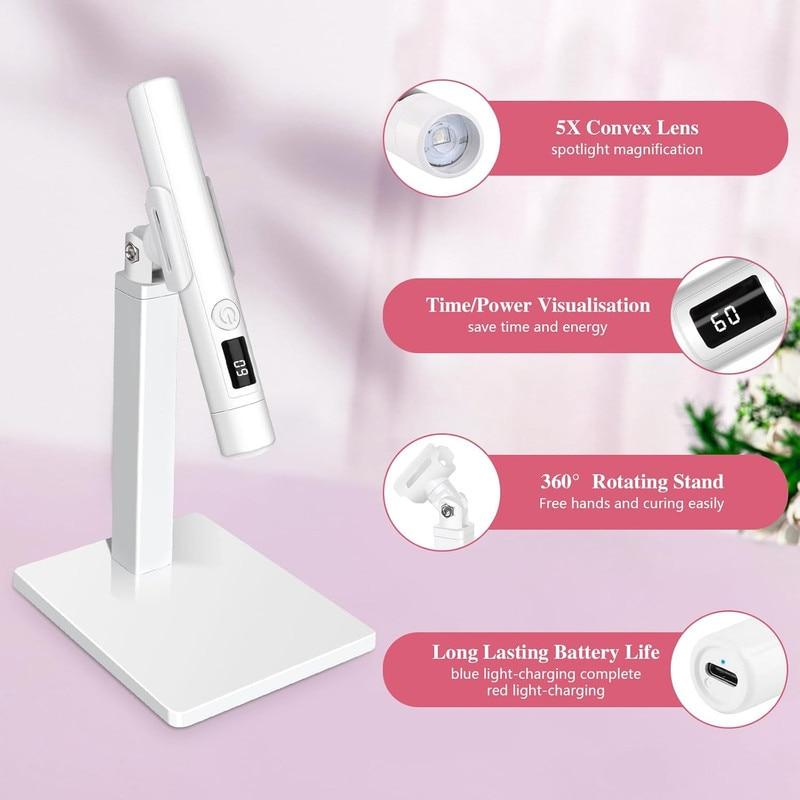 Mini UV Gel Nail Lamp Portable Rechargeable Nail Dryer for Gel Polish 20s/60s Dual Timer Modes with Stand and 4 Silicone Heads Home Manicure Kit