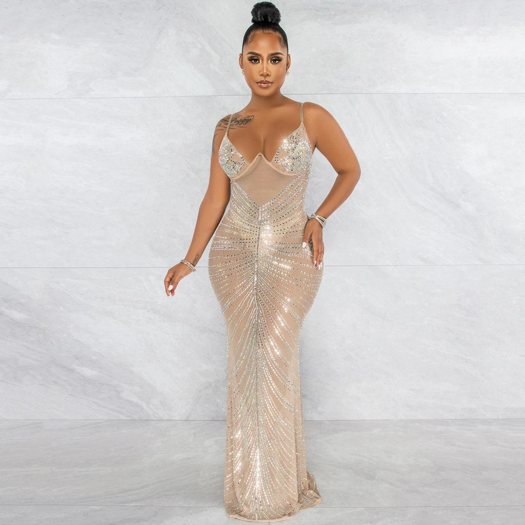 Rhinestone Mesh See-Through Camisole Bustier Long Dress