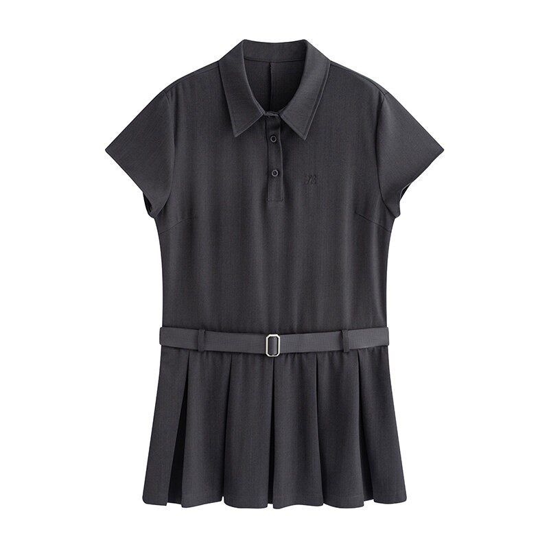 

Julu Studio American Dune Slightly Oversized Girls Minimalist Polo Collar Fake Two-Piece Plus Size Short Sleeve Dress Summer Dark gray((Send Belt)) M