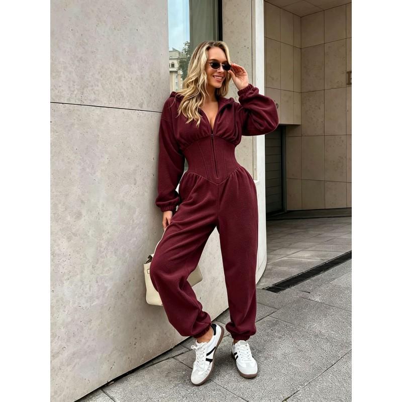 Womens 2026 Fall Winter Hooded Jumpsuit Long Sleeve Relaxed Fit Fleece Romper With Cinched Waist Cuffed Ankles