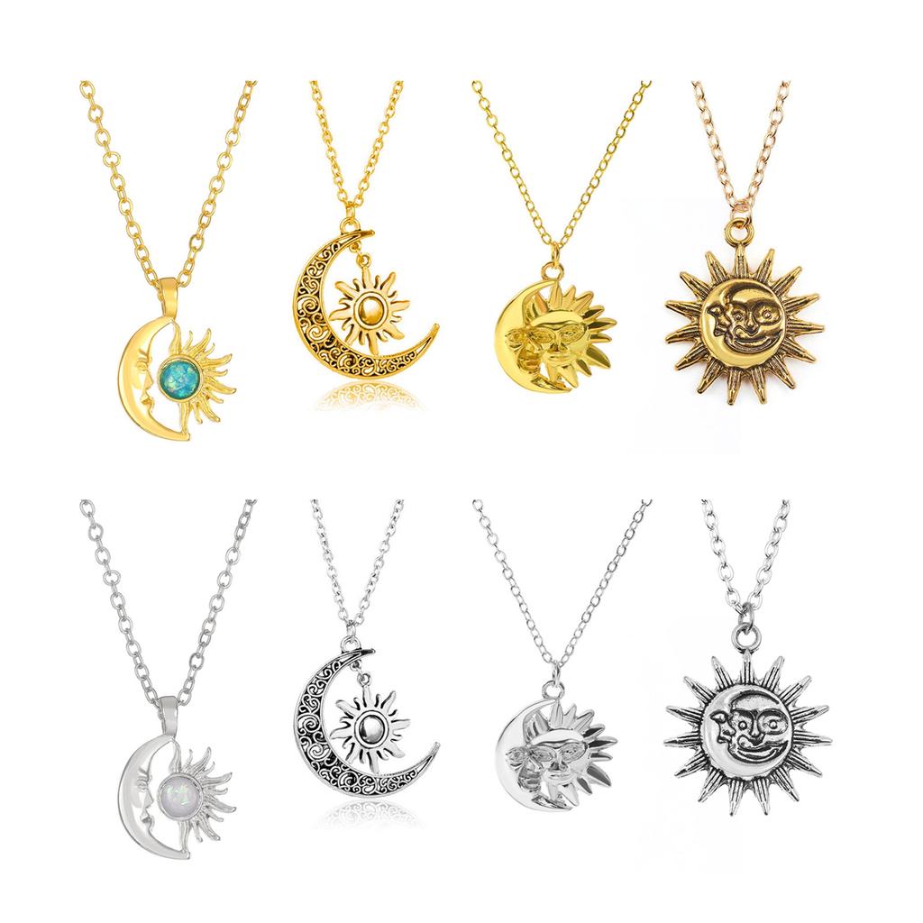 Versatile Necklace with Opal Inlayed Sun Moon Pendant Dainty Collarbone Chain Fashionable Sun Moon Neck Jewelry Ornament