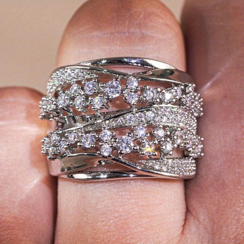 1 bucată inel de modă personalizat pentru femei, incrustație luxoasă cu zircon sintetic strălucitor, inel cu bandă lată cu design neregulat