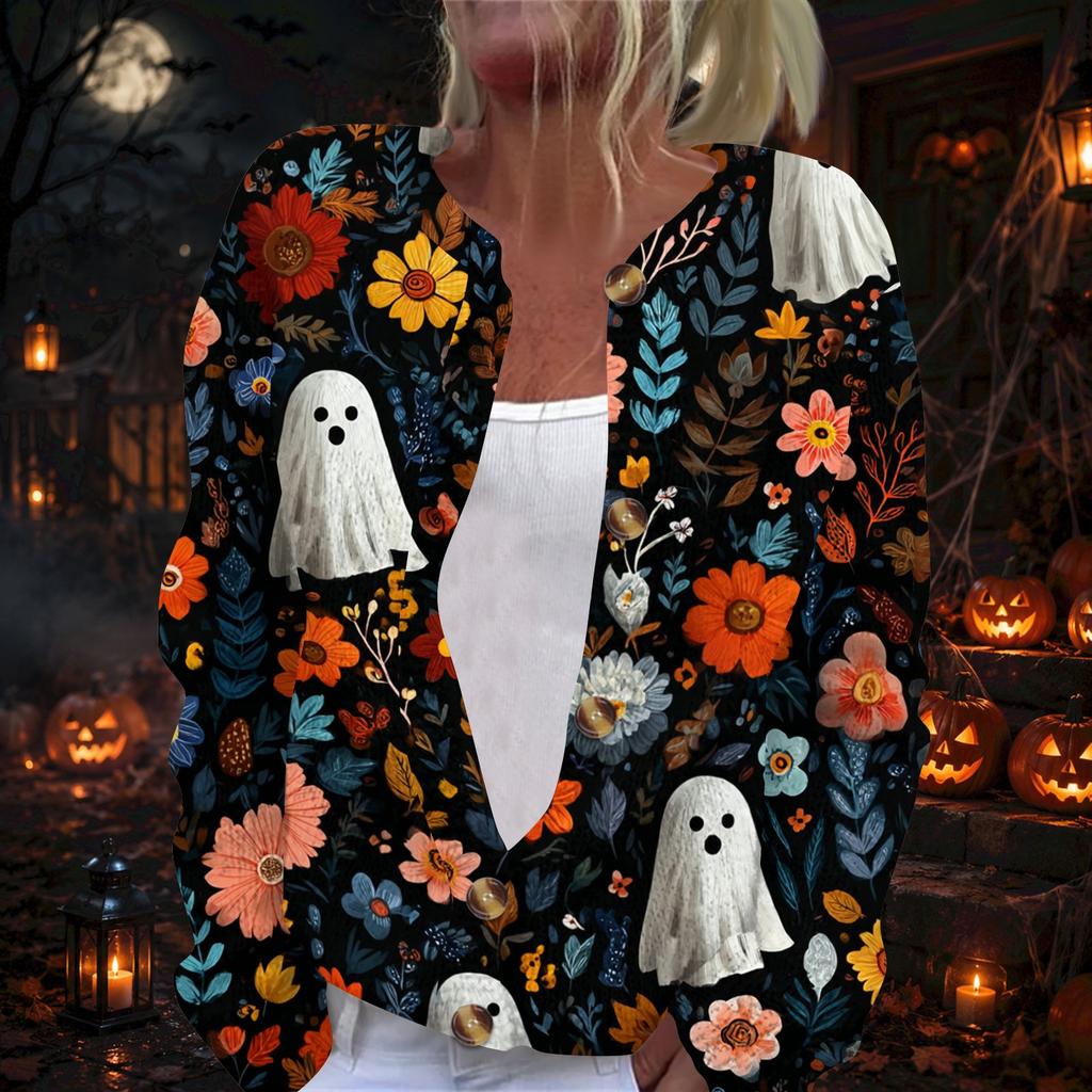 Women's Halloween Print Long Sleeve Knit Cardigan Button Front