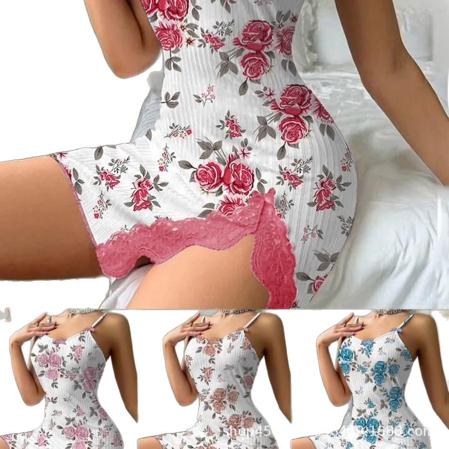 European & American Sexy Floral Lingerie Skirt and Suspender Set