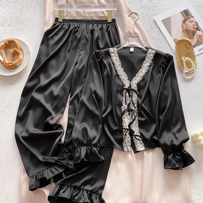 2025 Spring/Autumn Women's French Ice Silk Lace Pajama Set - Sweet Home Wear