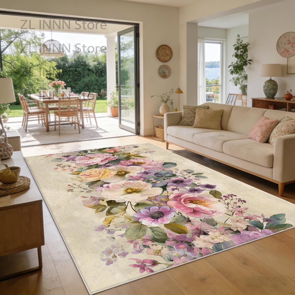 Spring Summer Floral Style Living Room Carpet Fresh Decoration Home Pastoral Area Pile Fabric Rug Sofa Bedroom Plush Floor Mat