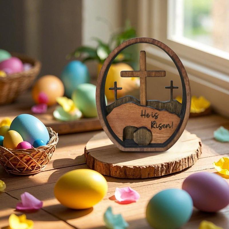 1PC Resurrected TOMB Wooden Cross Layered Tray Easter Egg Craft Decorative Ornament