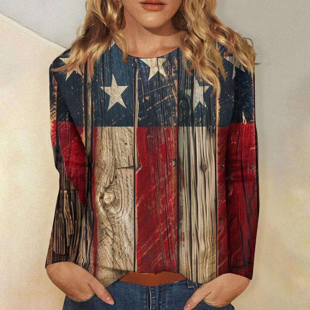 Womens Spring Tops Long Sleeve Patchwork Star Print Casual Crewneck Summer Shirts for Women Comfortable Fit