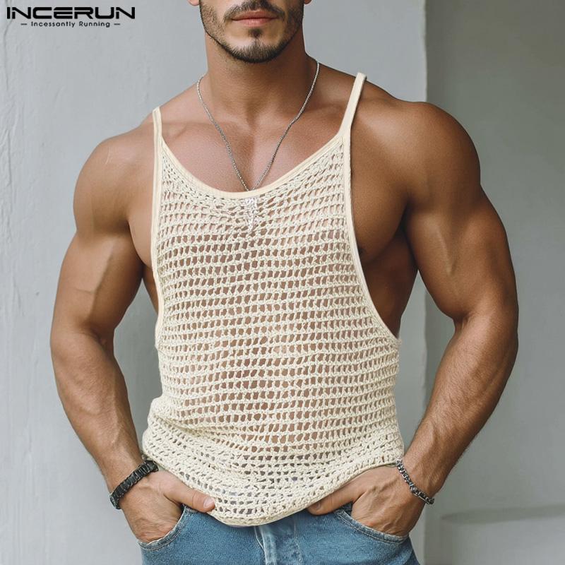 

INCERUN Summer Men Strap Sleeveless See Through Hollow Casual Tank Tops 5XL абрикосовий