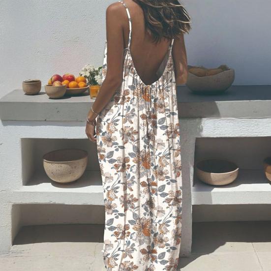 Women Long Slip Dress Breathable Summer Floral Print Casual Sleeveless Dress Spaghetti Strap Loose Swing Hem Ankle Length Beach Dress
