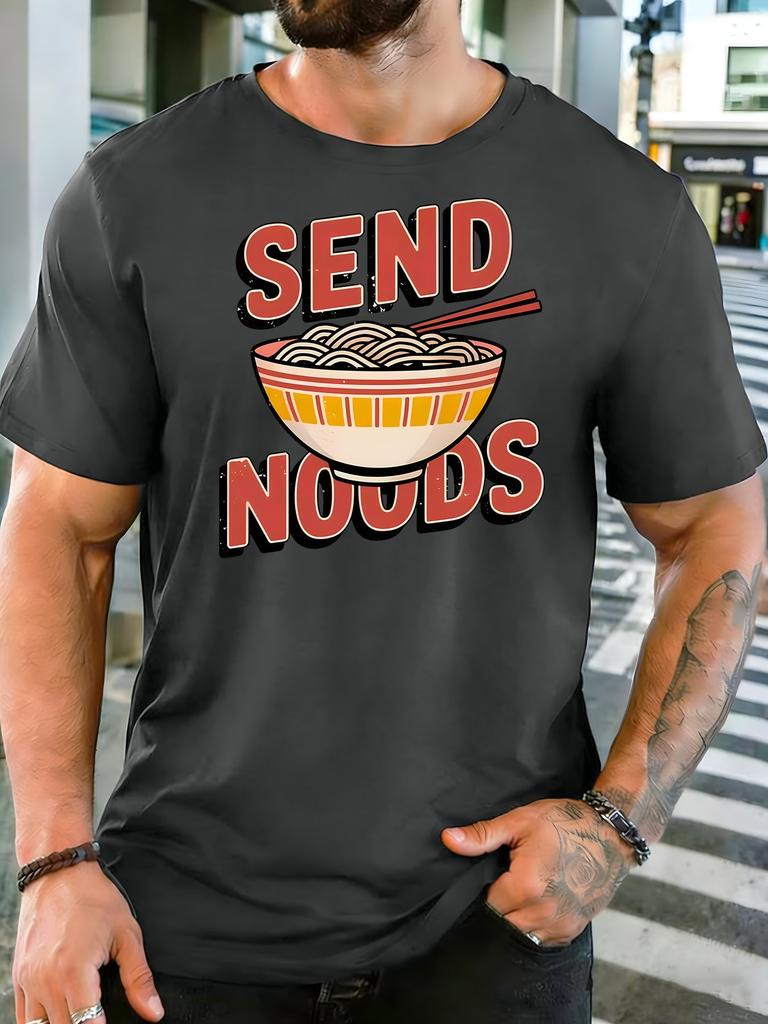 Send Noods Noodle Bowl Retro Slogan Print Unisexs Cotton Crew Neck Tee Short Sleeve Loose Food Casual Daily Street Male Wear Top