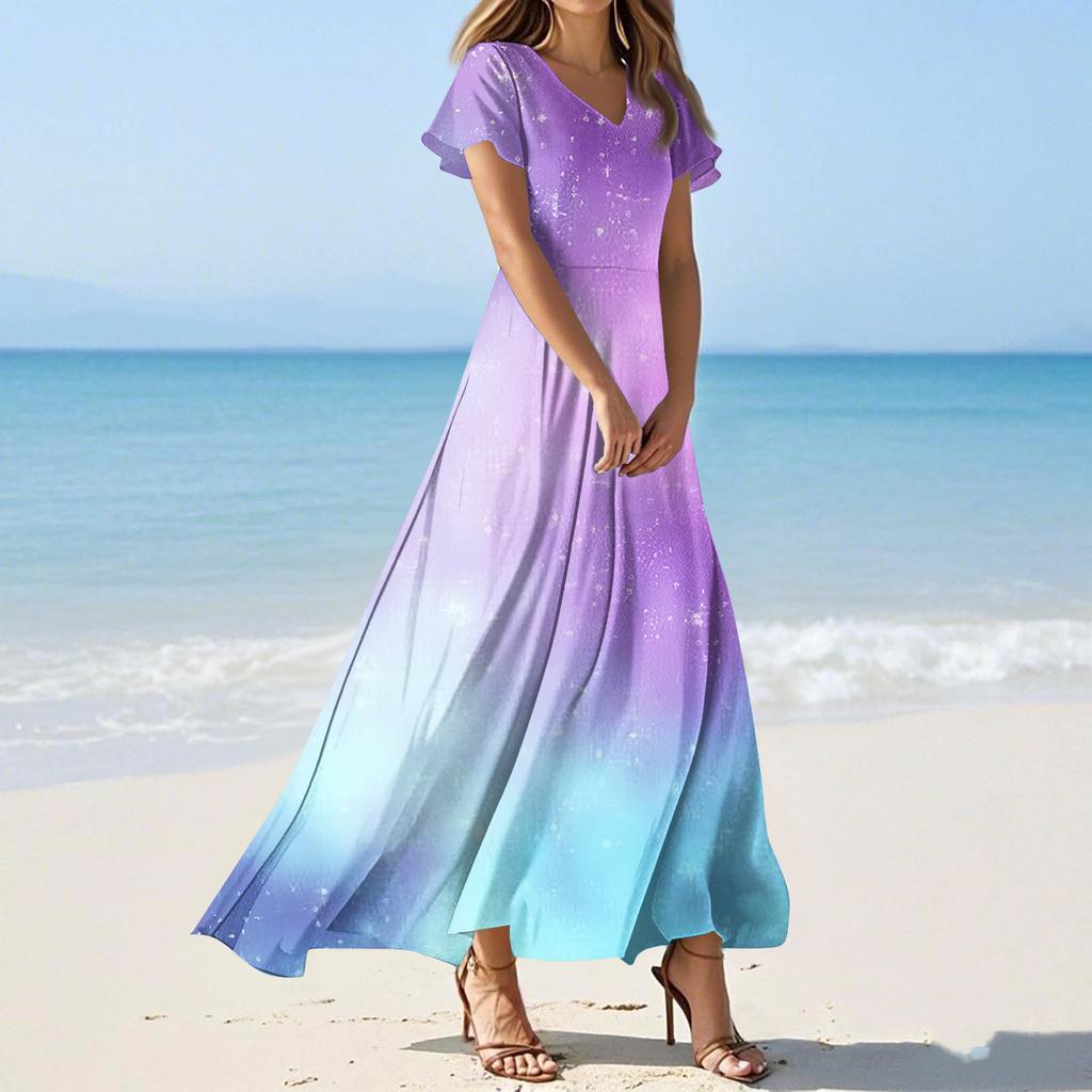 Women's Summer Casual Fashion -Print V-Neck Short-Sleeve Patchwork Dress