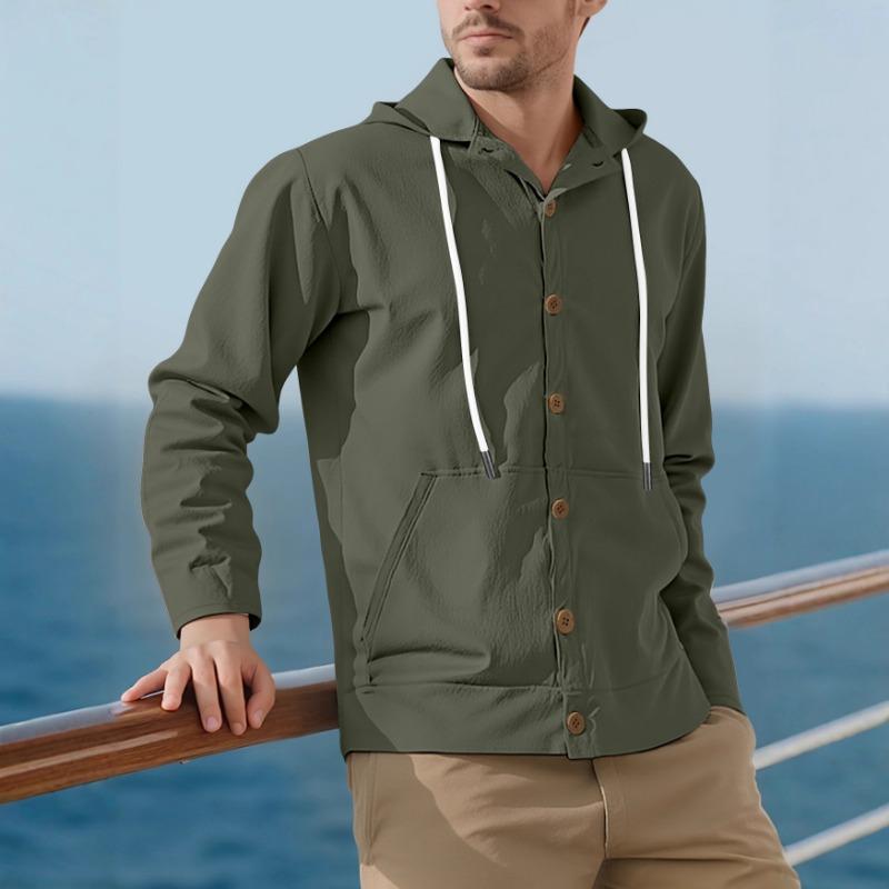 Men's Button-up Shirt Loose Cotton Linen Casual Simple Beach Hooded Long-sleeved Jacket