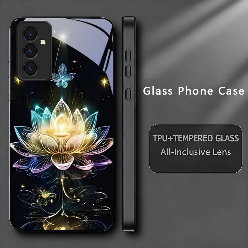 Crystal Lotus Art Black Phone Case For Samsung Galaxy Note 10 20 A 06 A07 12 A13 A14 A15 A16 A17 A22 A23 24 25 26 Glass Cover