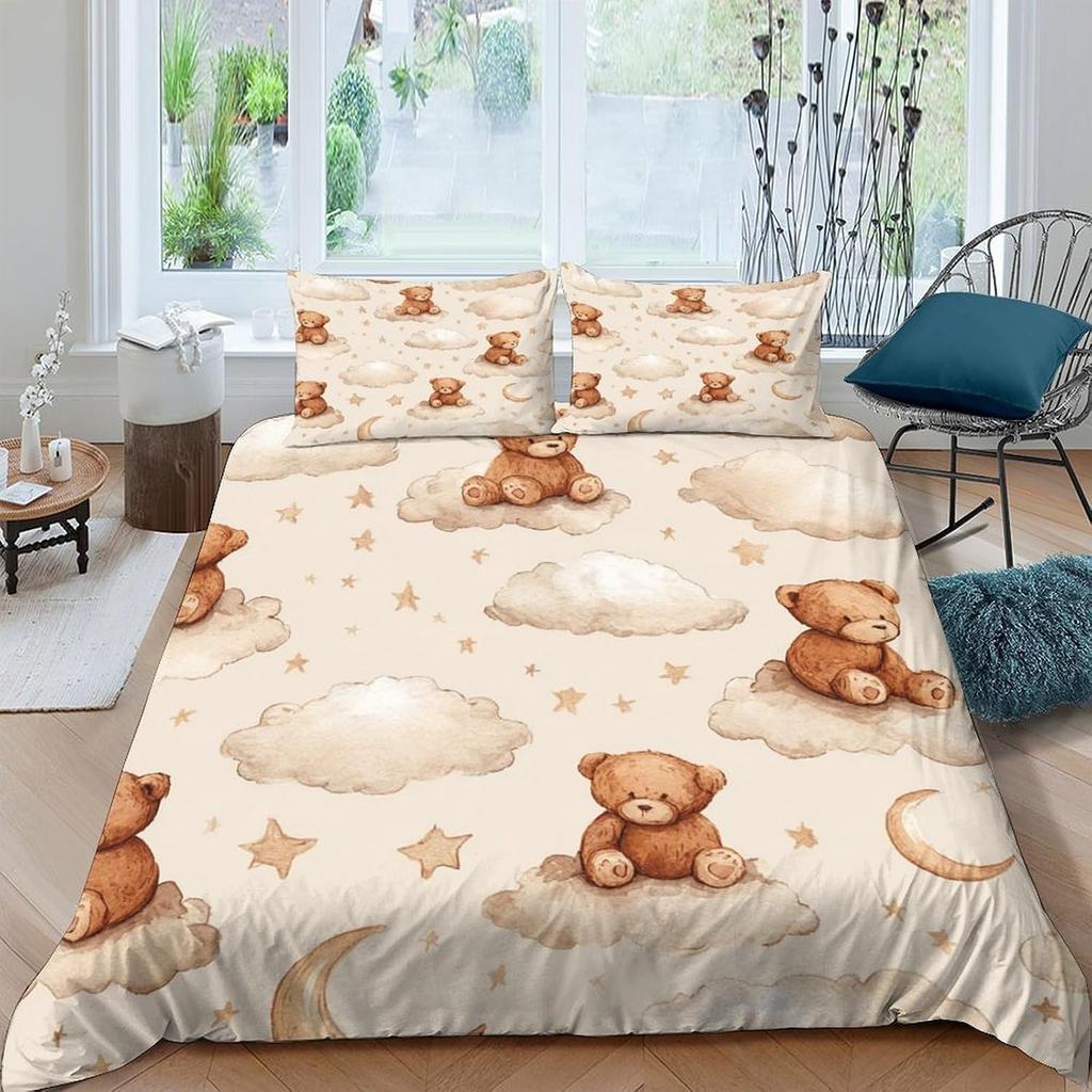 Teddy Bear Cute 3D Printing Duvet Cover Set, Microfibre Children's Room Decor Duvet Insert Cover and Pillowcases Home Decor