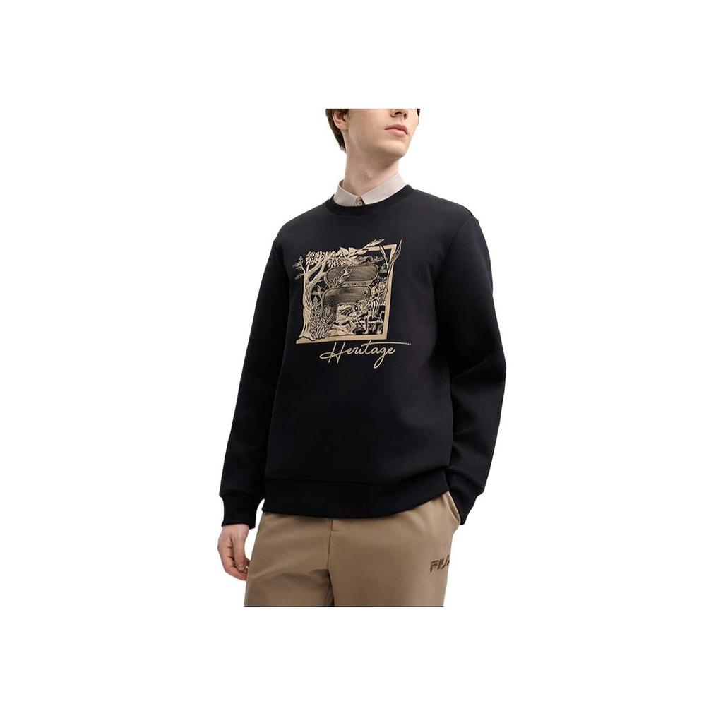 Fila Seria Dziedzictwo Okrągły Dekolt Nadruk z Literami Wygodna Bluza z Długim Rękawem MęskaBluza Czarny F11M518208F-BK