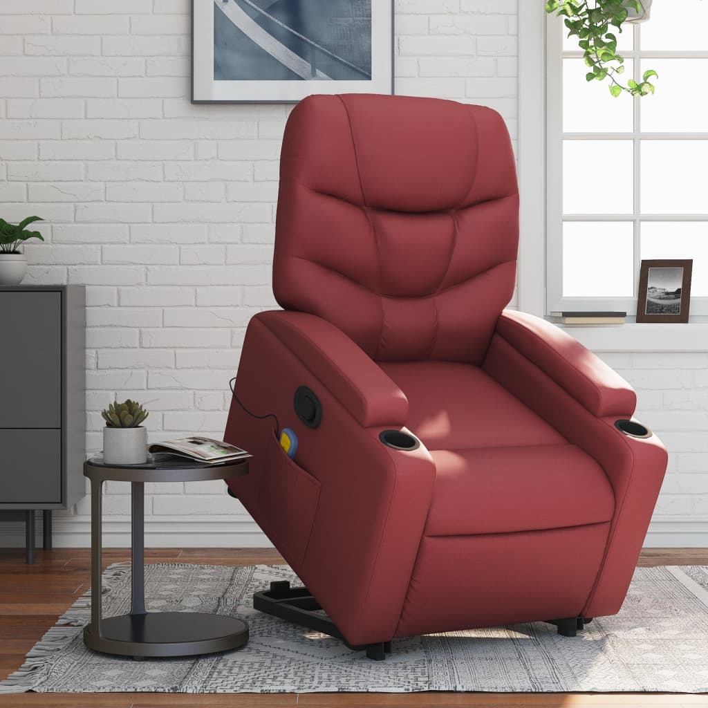 Massage Recliner with Rising Function Burgundy Faux Leather