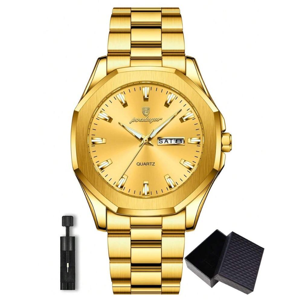 POEDAGAR 1pc Casual Men's Stainless Steel Quartz Wristwatch, Dual Date Display, Business Waterproof Luminous Wristwatch, Men's Gift