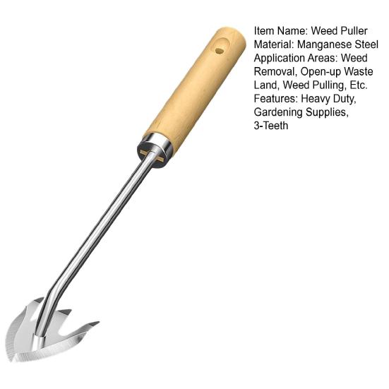Gardening 3-Teeth Weeder Puller Long Handle Heavy Duty Outdoor Garden Lawn Farm Backyard Weed Remover Manual Weeding Uprooting Pulling Tools