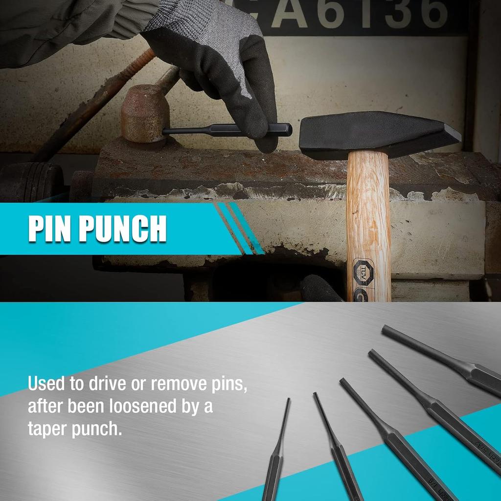 18dílná sada děrovačů a dlát s rolovacím pouzdrem – Kolíkové, Středové, Hřebíkové, Vyrovnávací nástroje, Studené dláto, Měřidlo