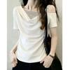 Short-sleeved T-shirt Women's Summer New One-word Shoulder Slanted Shoulder Fake Two-piece Splicing Great-looking Pinched Waist Off-shoulder Top