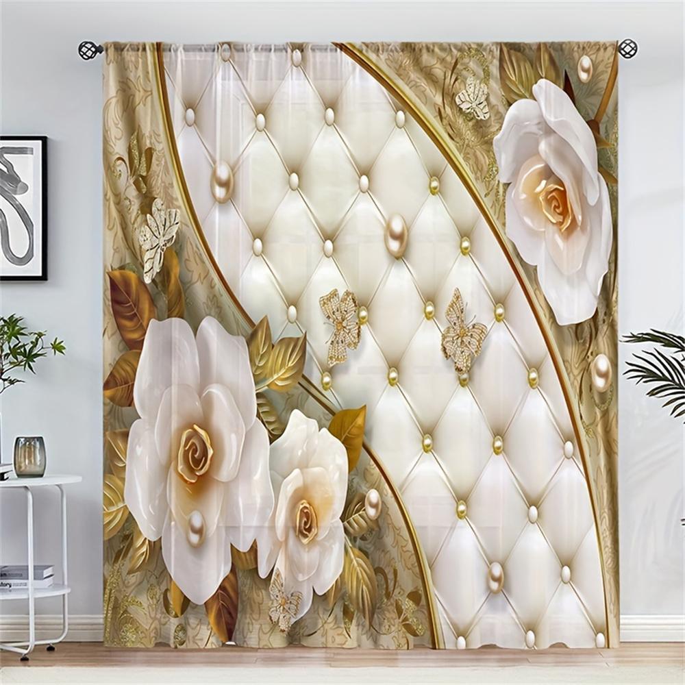 2Pcs Luxury Pearl Gold Flower Diamond Rose Window Treatment Curtains Blinds For Living Room Kids Bedroom Kitchen Door Home Decor
