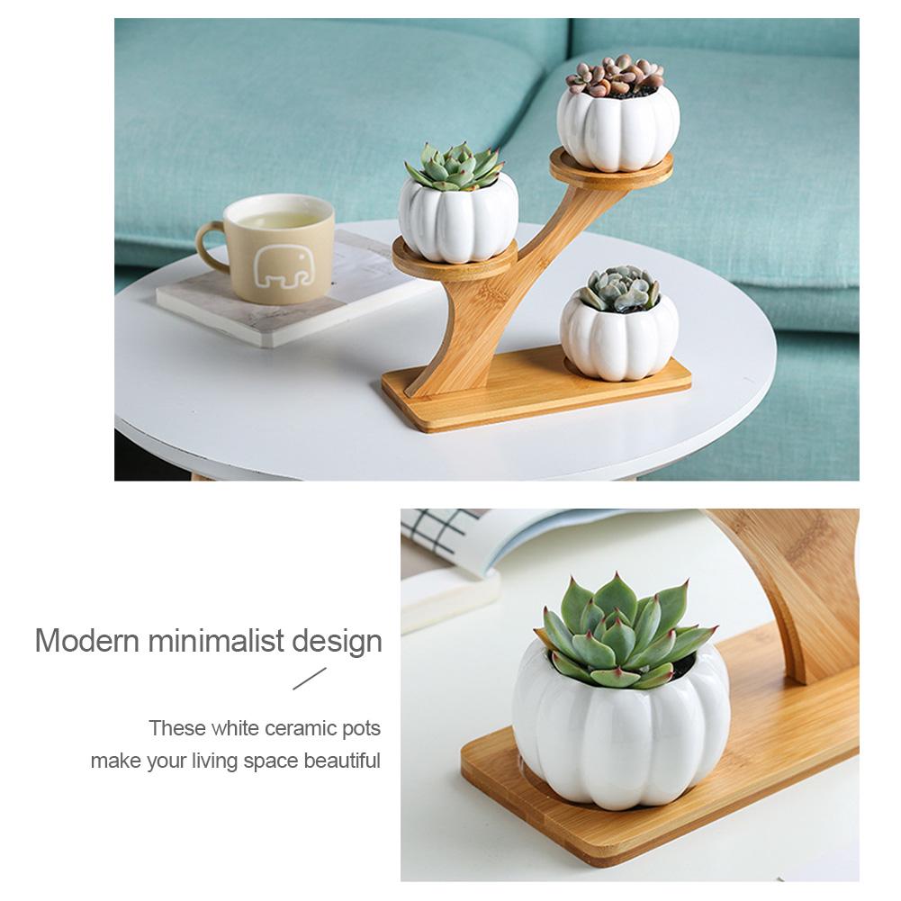 Modern Ceramic Plant Pot Bamboo Saucers Stand Holder for Home Office Decoration