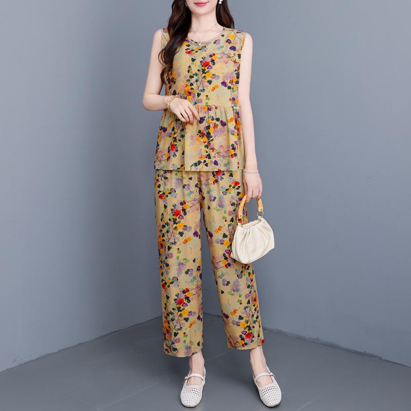 Plus Size Elegant 2 Piece Sets Women Summer Clothes Vintage Loose Print Pants Sets