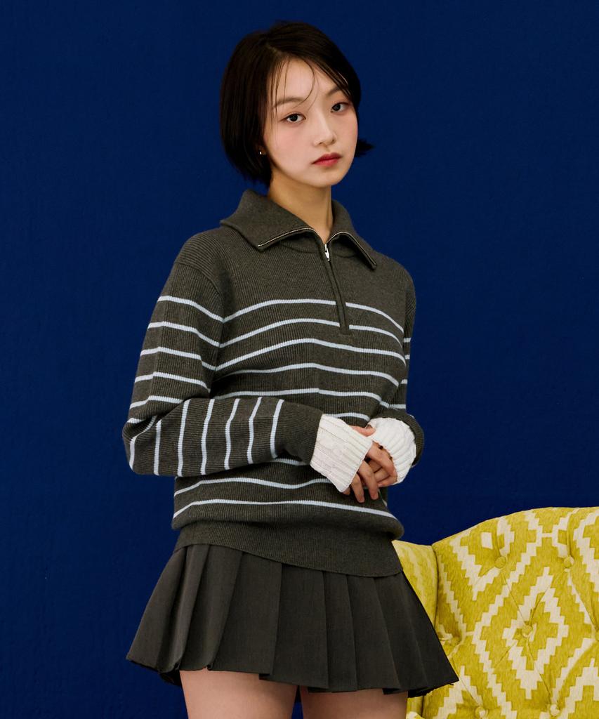 CHASECULT Women'S Half-Zip Striped Sweater - Grey