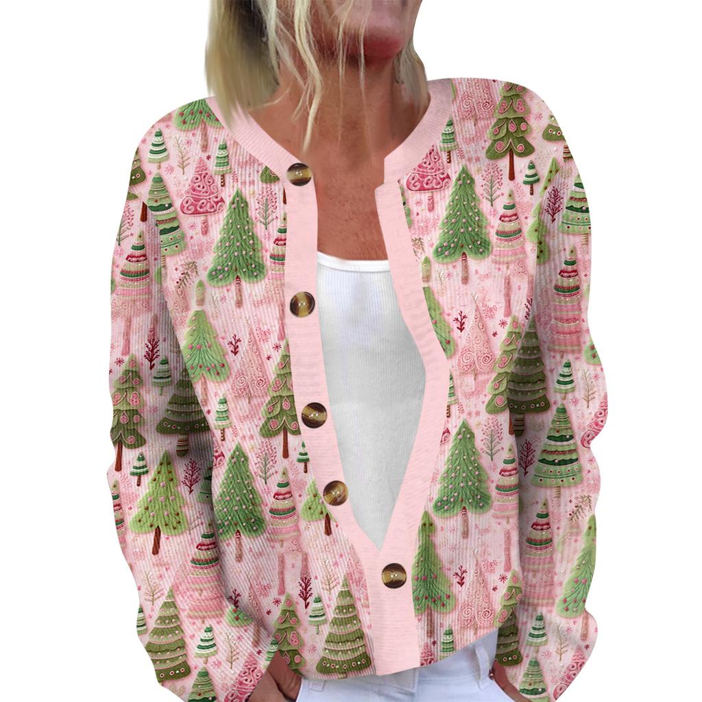 Damemote Langermet Christmas Snowman Snowflake Print Jakke Cardigan