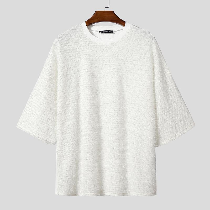 

INCERUN Мужские Летние Футболки Оверсайз с Коротким Рукавом, Блестящей Бахромой и Лоскутным Дизайном в Повседневном Стиле 5XL белый